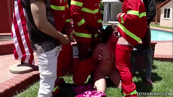 Firefighters dual penetrate brown-haired